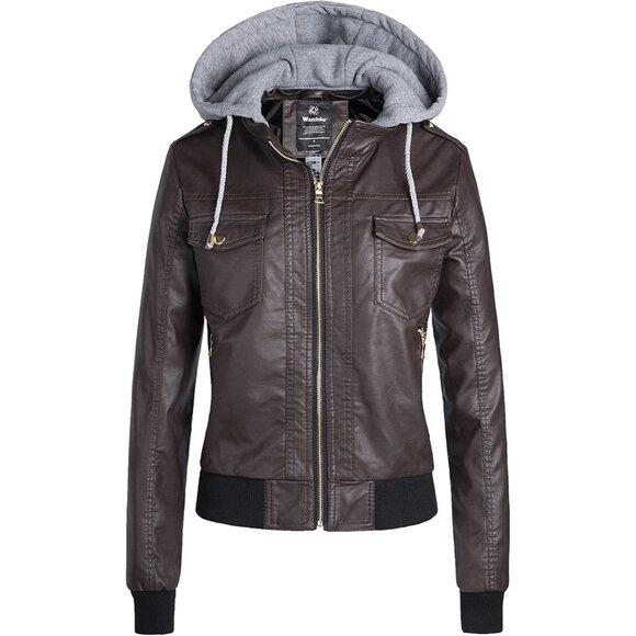 Wantdo Women Dark Brown Motorcycle Short Faux Leather Jacket with Removable Hood - Picture 1 of 7